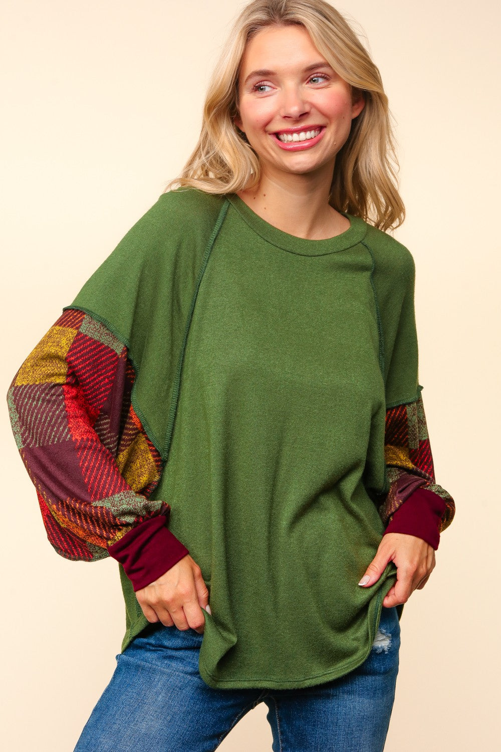 Forest Green Dolman Checker Plaid Soft Hacci Knit Top