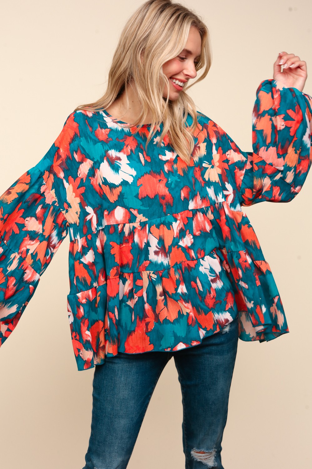 Plus Teal Drop Shoulder Abstract Floral Woven Top