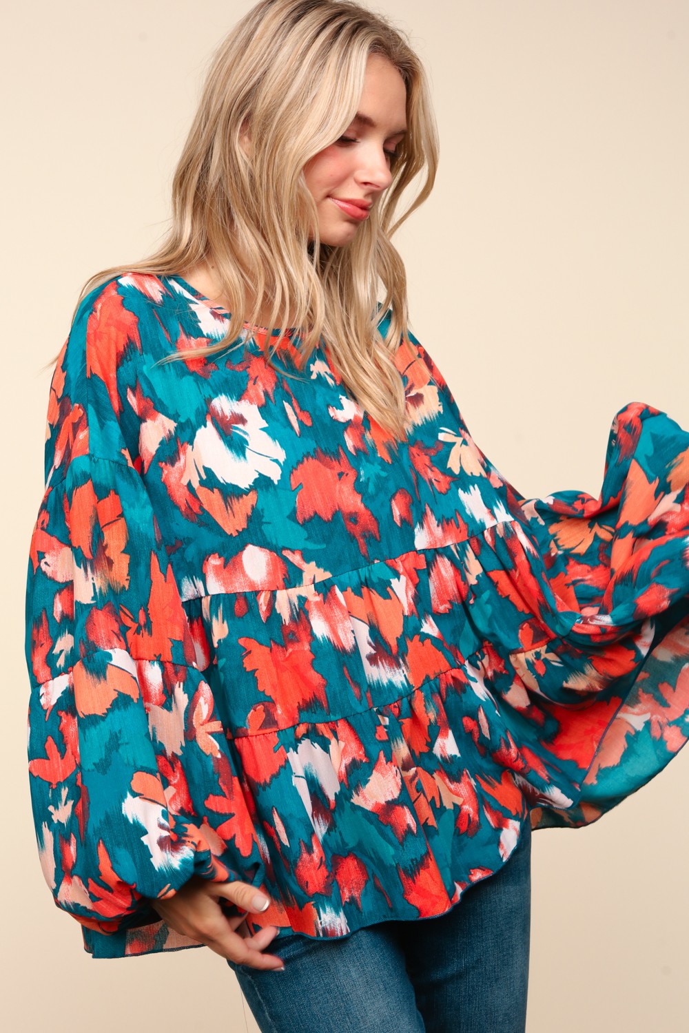 Teal Drop Shoulder Abstract Floral Woven Top