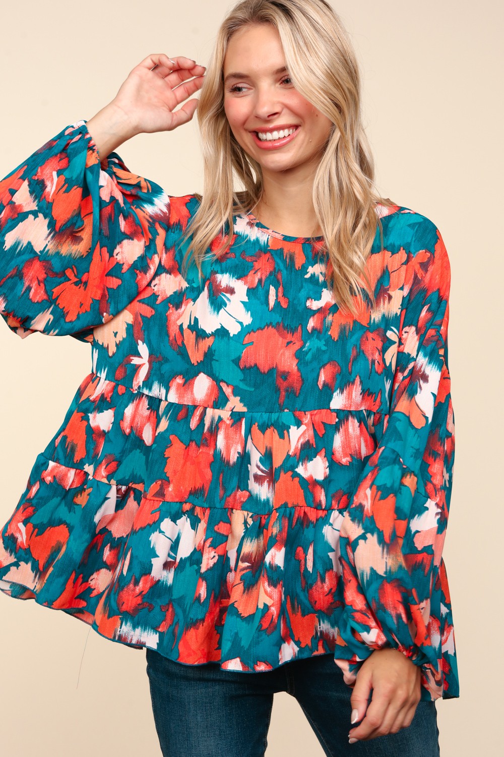 Plus Teal Drop Shoulder Abstract Floral Woven Top