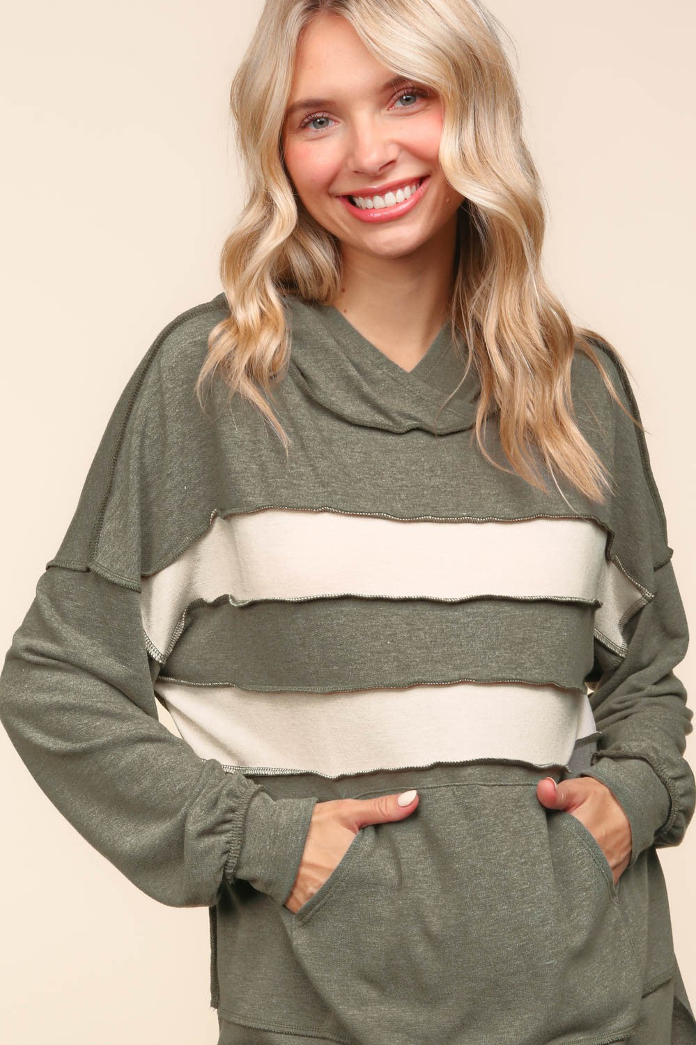 Olive Color Block Pullover Hoodie with Side Slits