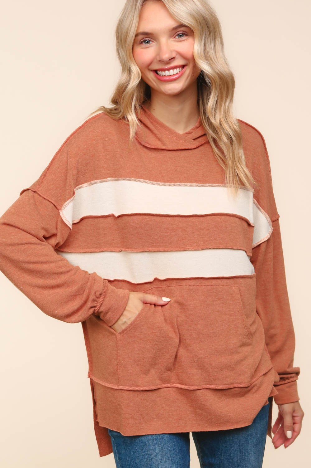 Plus Rust Color Block Pullover Hoodie with Side Slits
