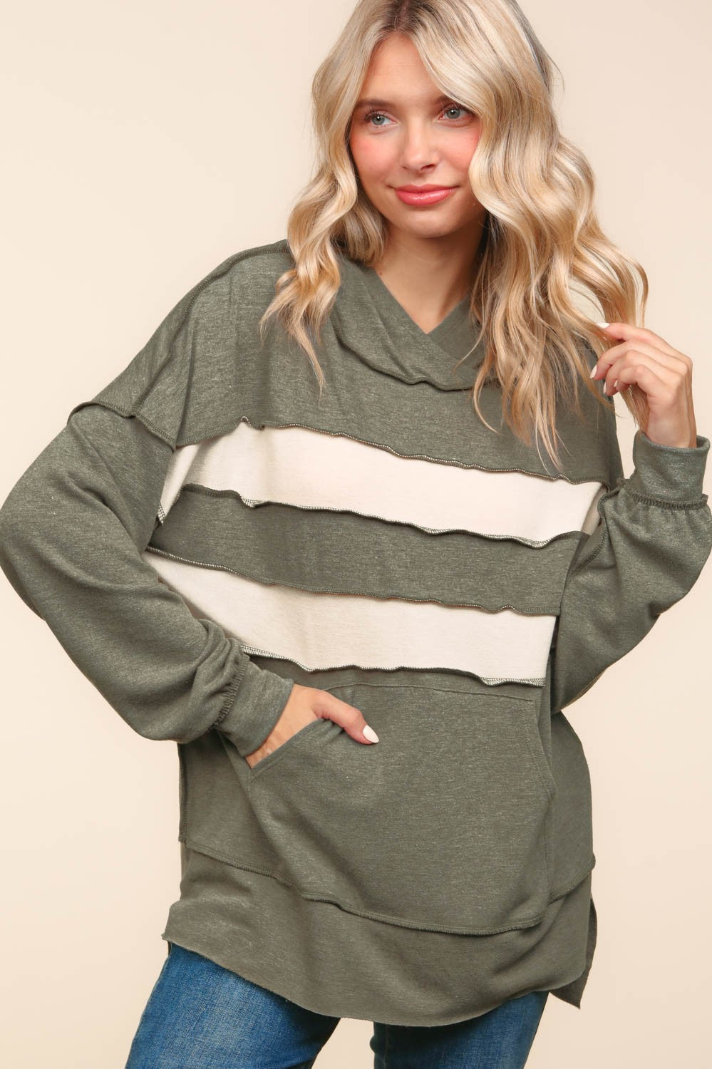Plus Olive Color Block Pullover Hoodie with Side Slits