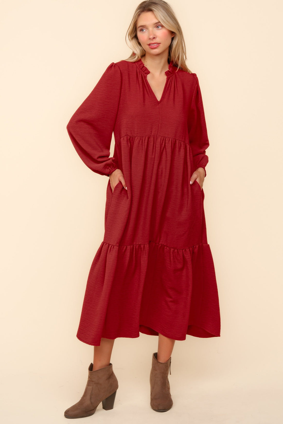 BABYDOLL WOVEN MAXI DRESS WITH SIDE POCKETS
