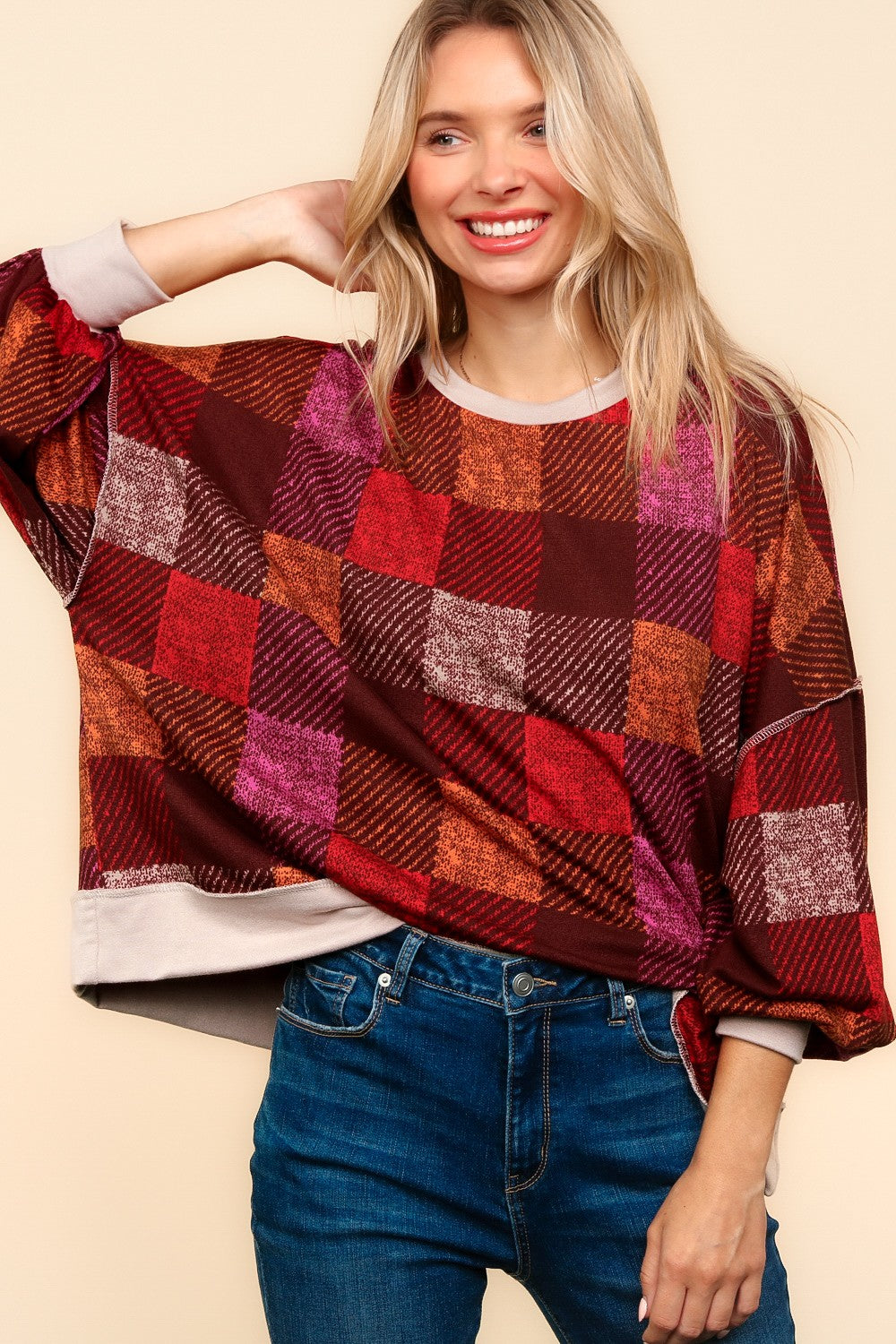 PLUS BURGUNDY DROP SHOULDER COLOR BLOCK PLAID CHECK PRINT