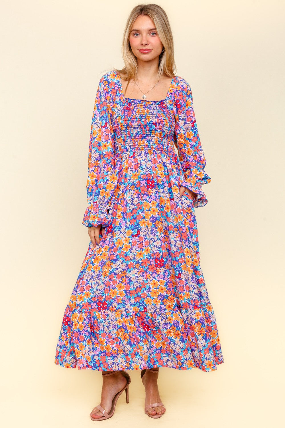 SMOCKING FIT AND FLARE MAXI WITH SIDE POCKETS