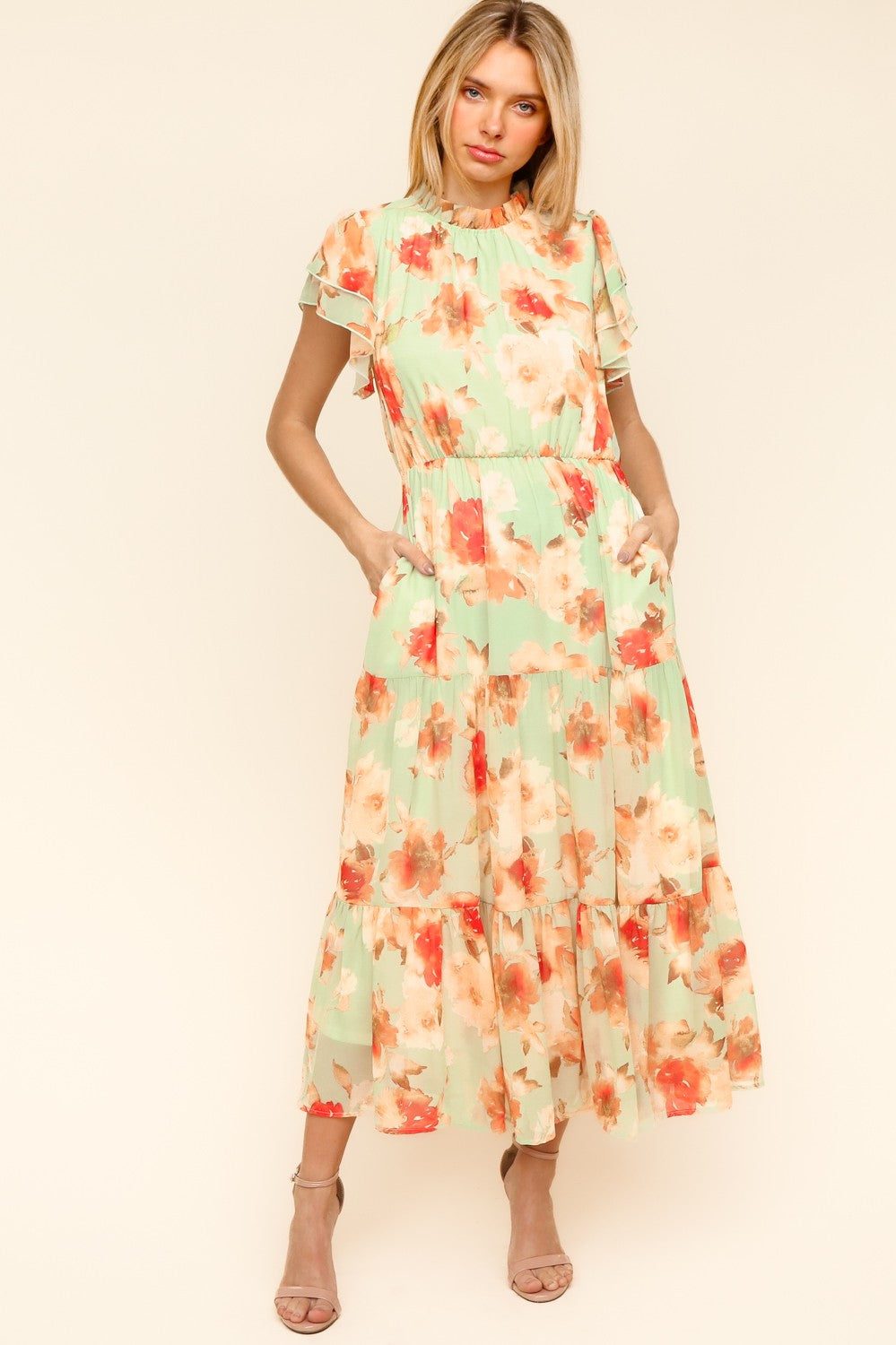 FLORAL MOCK NECK MAXI DRESS WITH SIDE POCKETS