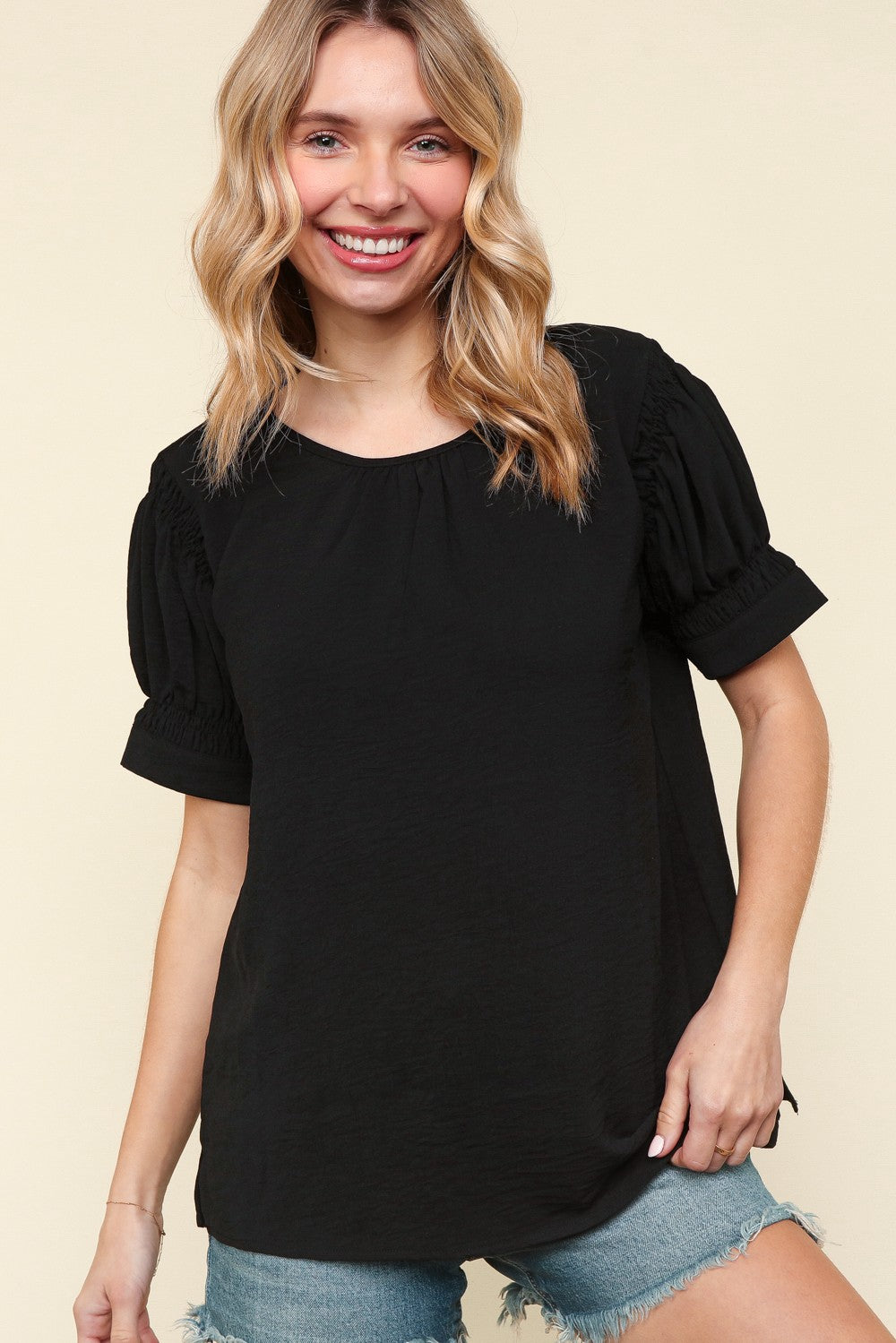 PLUS BLACK SOLID WOVEN TOP WITH BACK BUTTON AND KEYHOLE