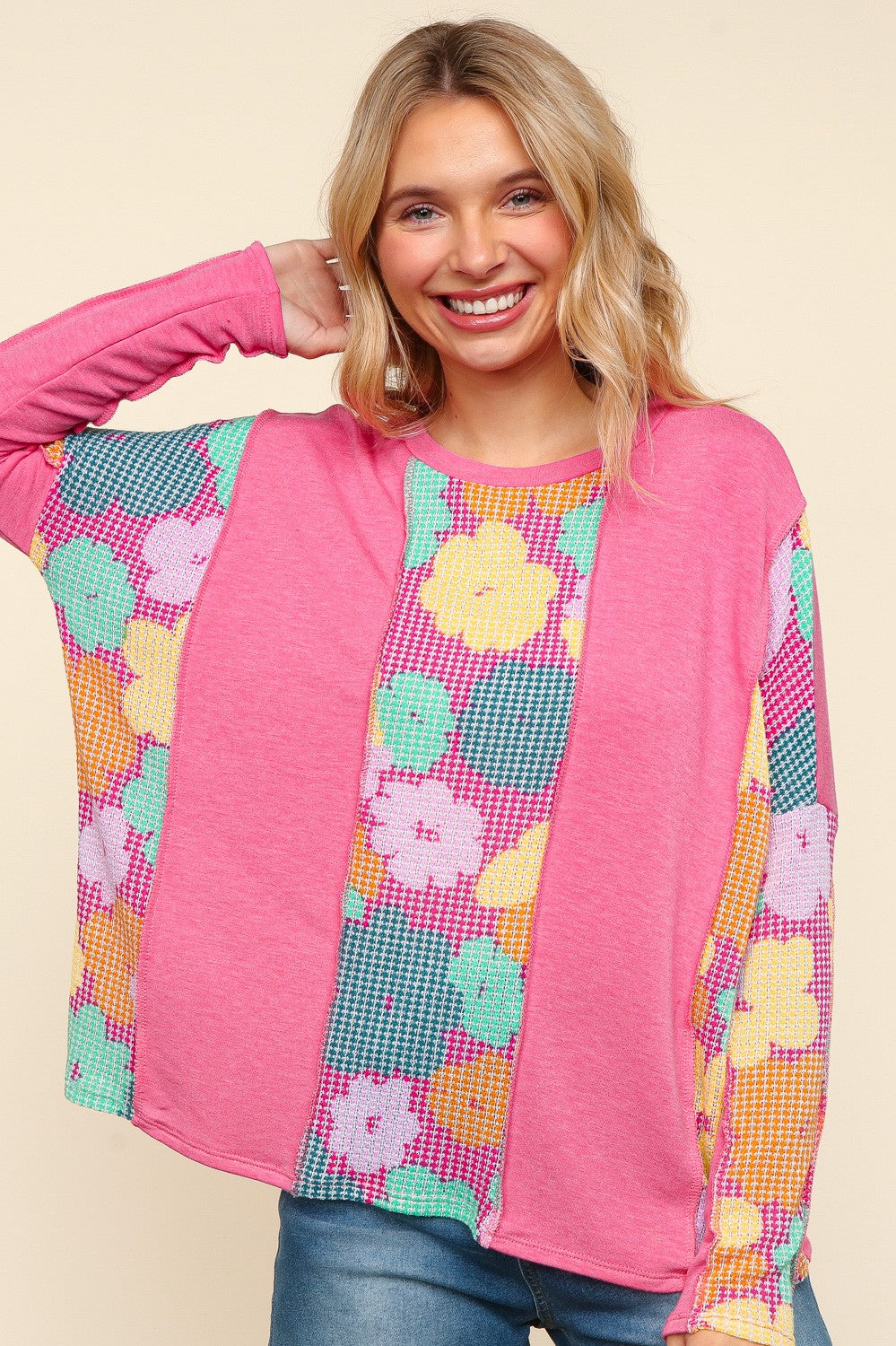 PLUS COLOR BLOCK WITH FLORAL PRINT KNIT TOP