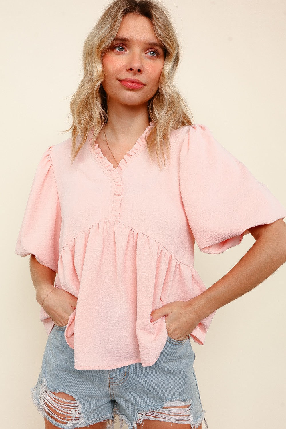 BALLOON SHORT SLEEVE BABYDOLL SOLID TOP