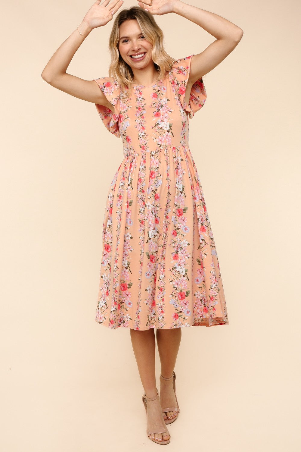 Apricot Midi Spring Dress W/Folded Ruffle Short Sleeve