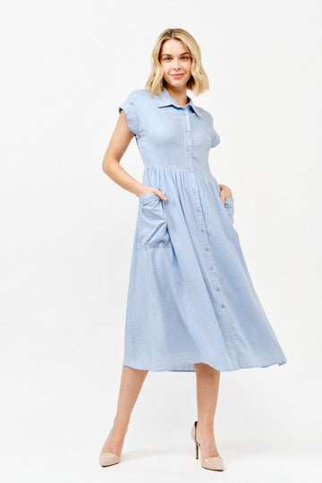Cap Sleeve Front Pockets Linen Shirt Dress