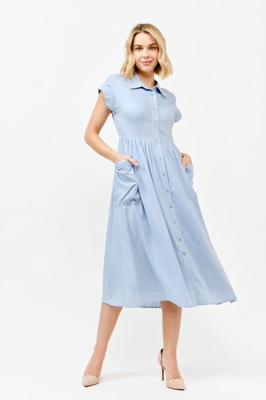 Cap Sleeve Front Pockets Linen Shirt Dress