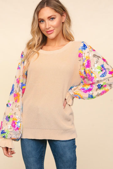 Plus Tan Multi Color Floral Sequins Mesh Sleeve Top