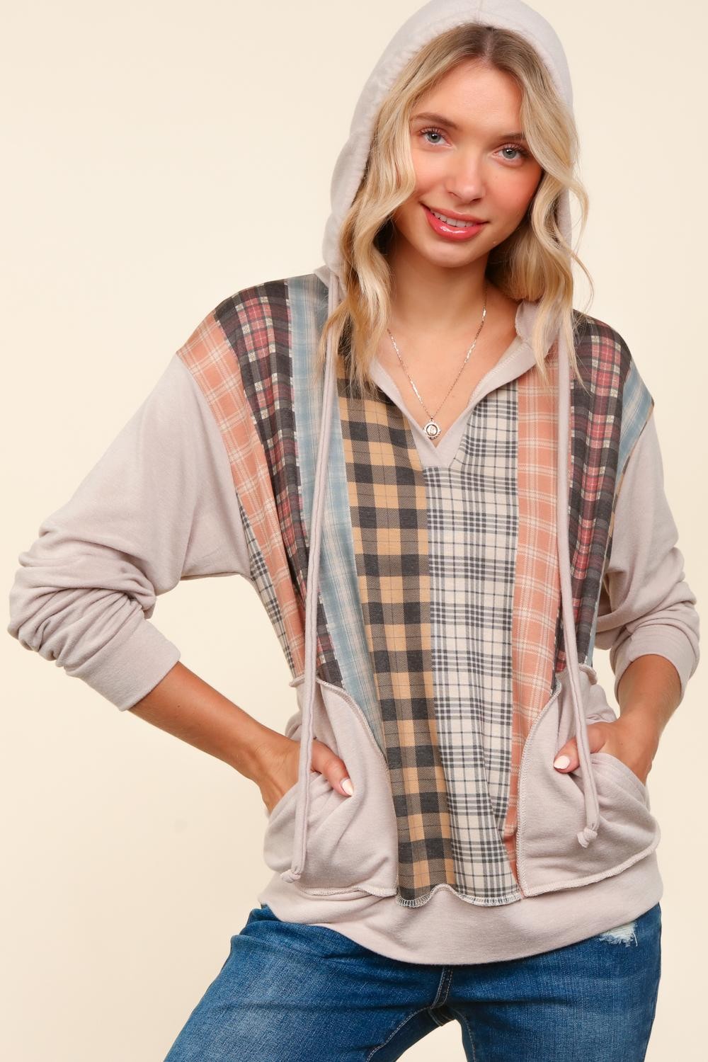 PLUS COLOR BLOCK VERTICAL PLAID PRINT PULLOVER TOP