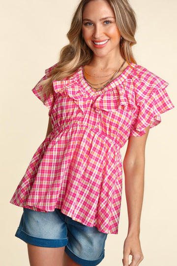 Plus Fuchsia Plaid Ruffle Flutter Sleeve Babydoll Blouse
