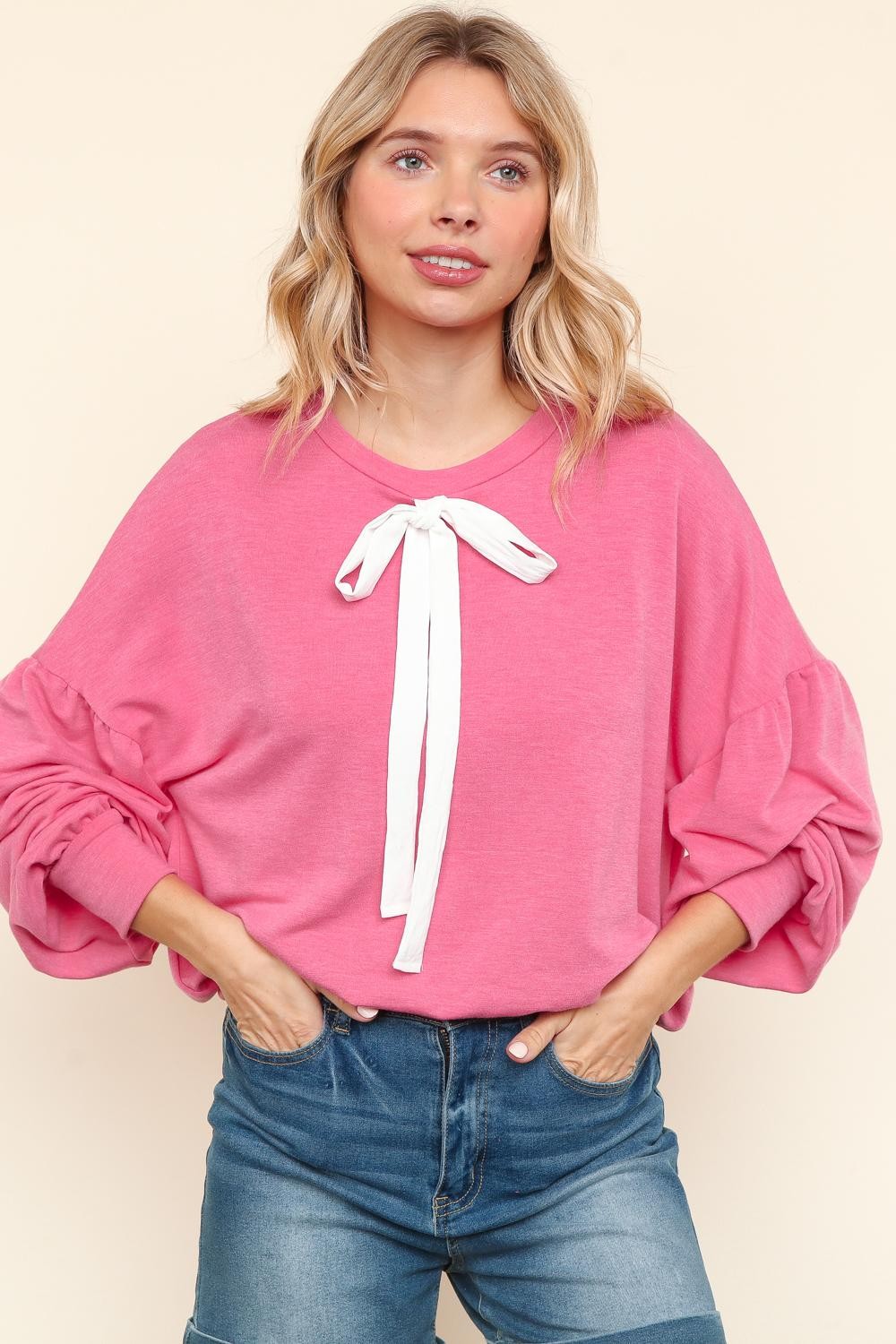 SOLID WASHED RIBBON BOW DETAIL PULLOVER TOP