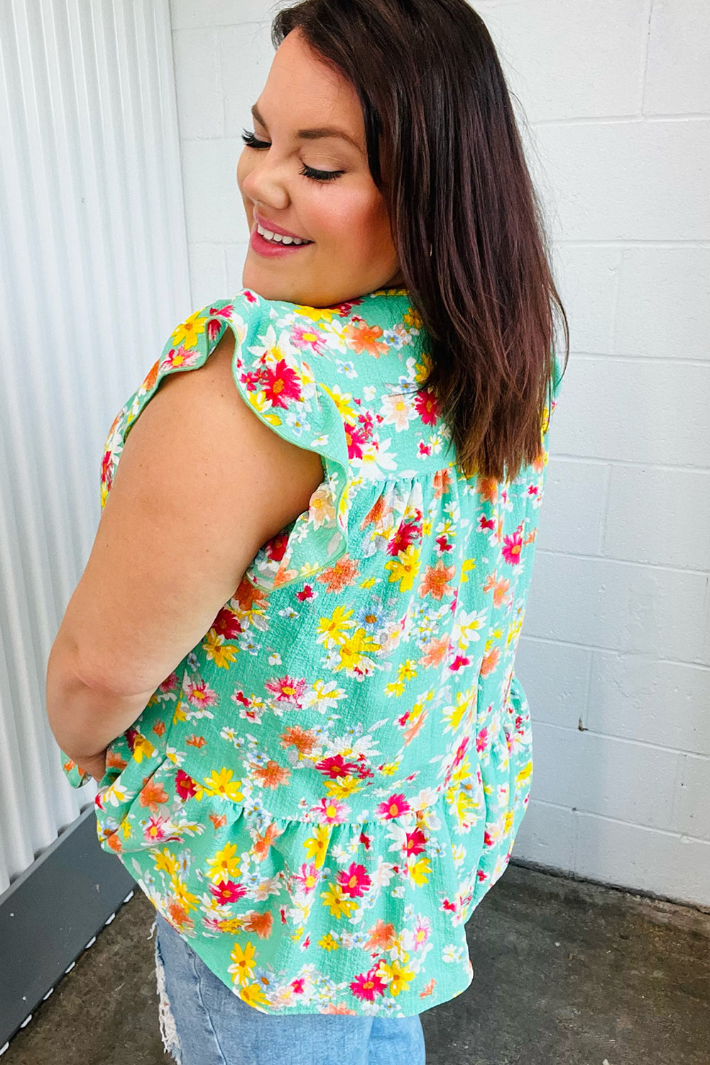 Mint Floral Yoke Flutter Sleeve Keyhole Back Top (Open Pack)