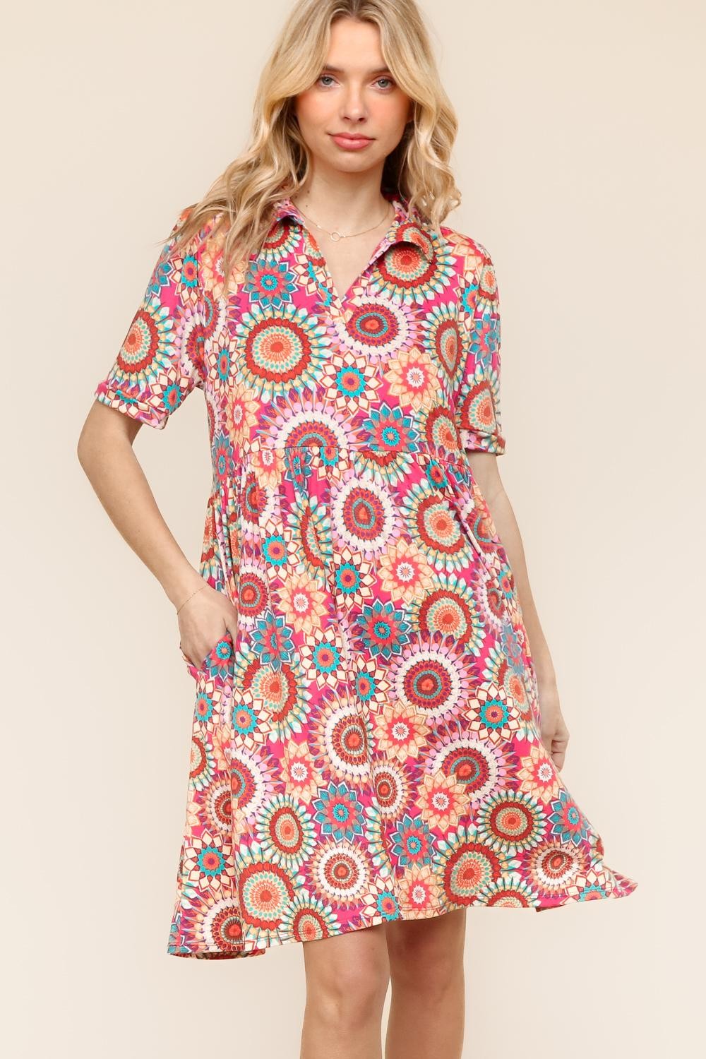 BABYDOLL MEDALLION CROCHET PRINT KNIT DRESS