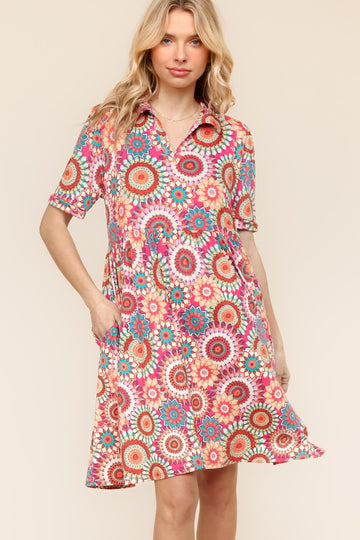 BABYDOLL MEDALLION CROCHET PRINT KNIT DRESS