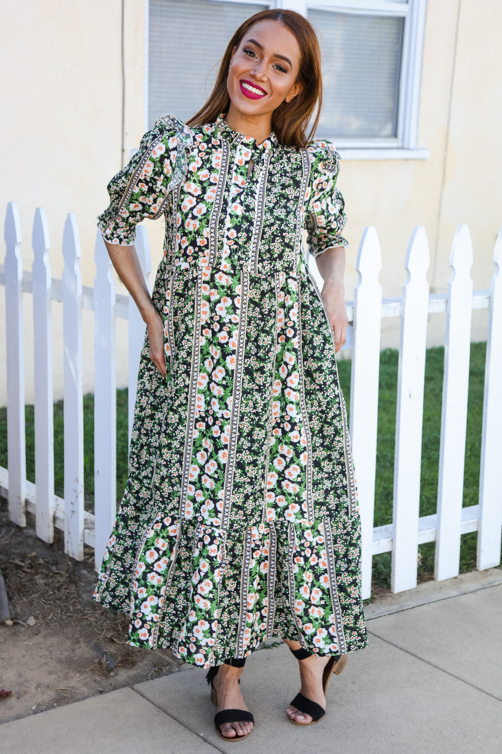 Hello Beautiful Black & Green Ruffled Notch Neck Babydoll Smocked Midi Dress (Open Pack)