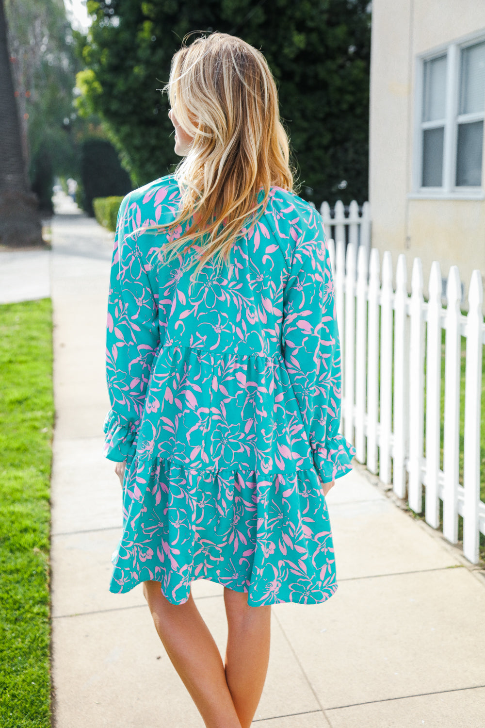 Boho Romance Mint Floral Print Front Ribbon Bow Tiered Dress (Open Pack)