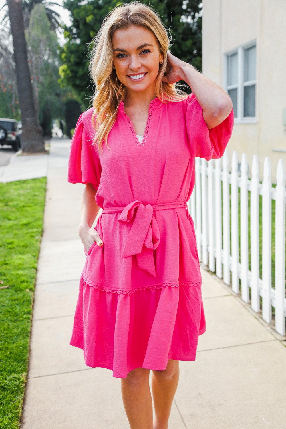 Star Struck Fuchsia Notched Neck Balloon Sleeve Sash Belt Mini Dress (Open Pack)