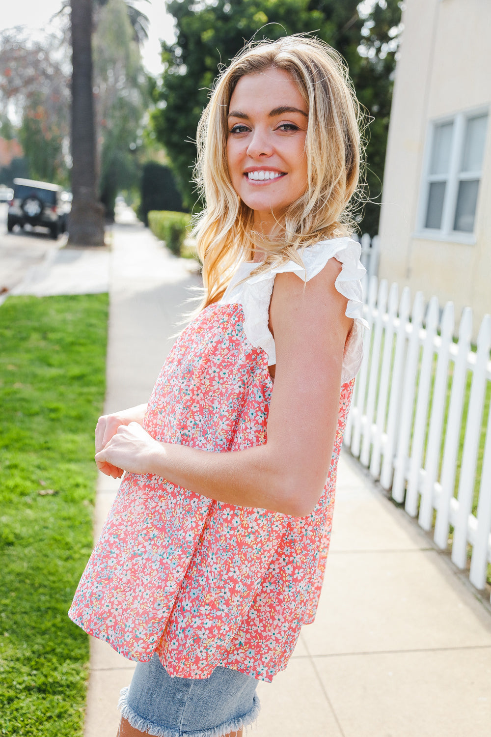 Coral & White Cotton Floral Embroidered Yoke Top (Open Pack)