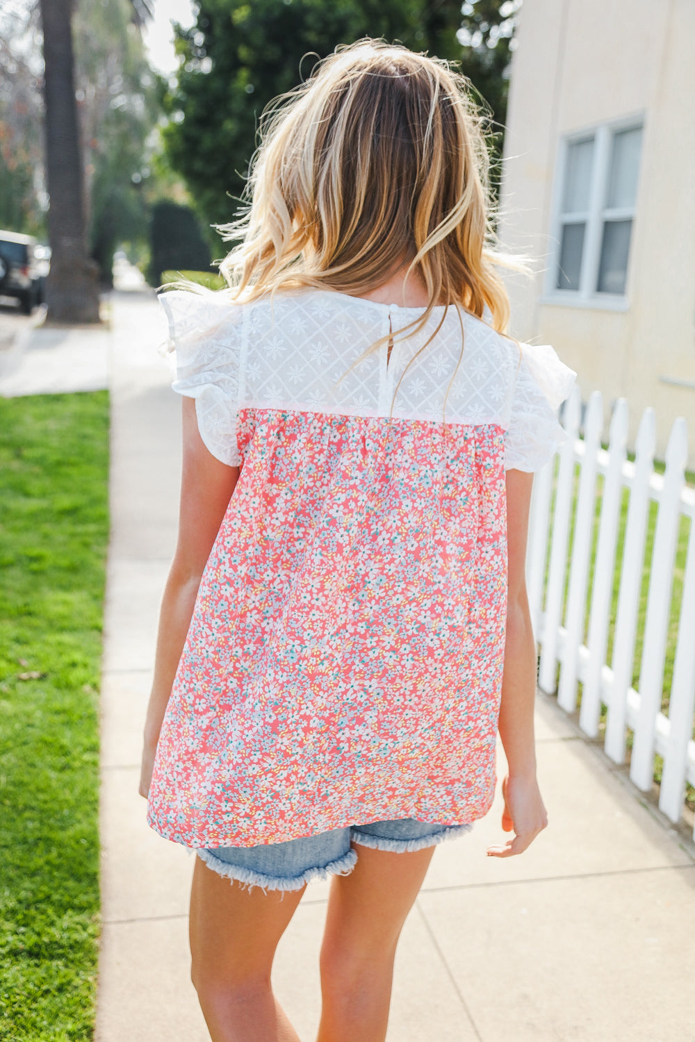 Coral & White Cotton Floral Embroidered Yoke Top (Open Pack)