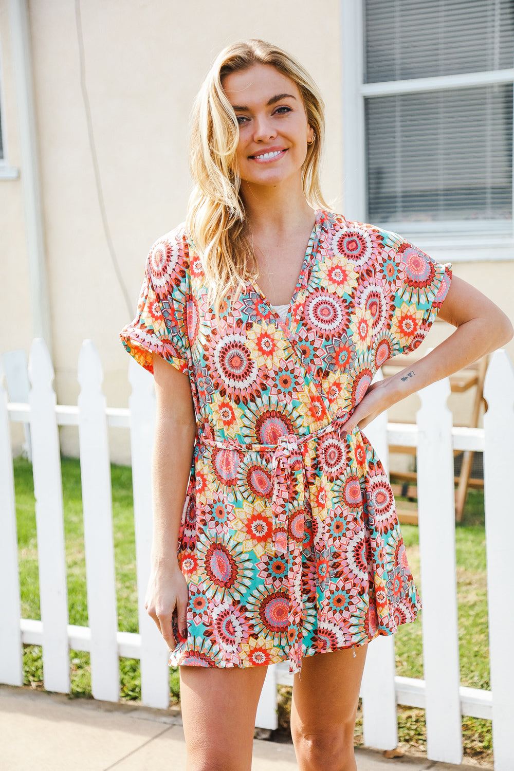 Feeling Bold Multicolor Mandala Print Surplice Tie Waist Romper (Open Pack)