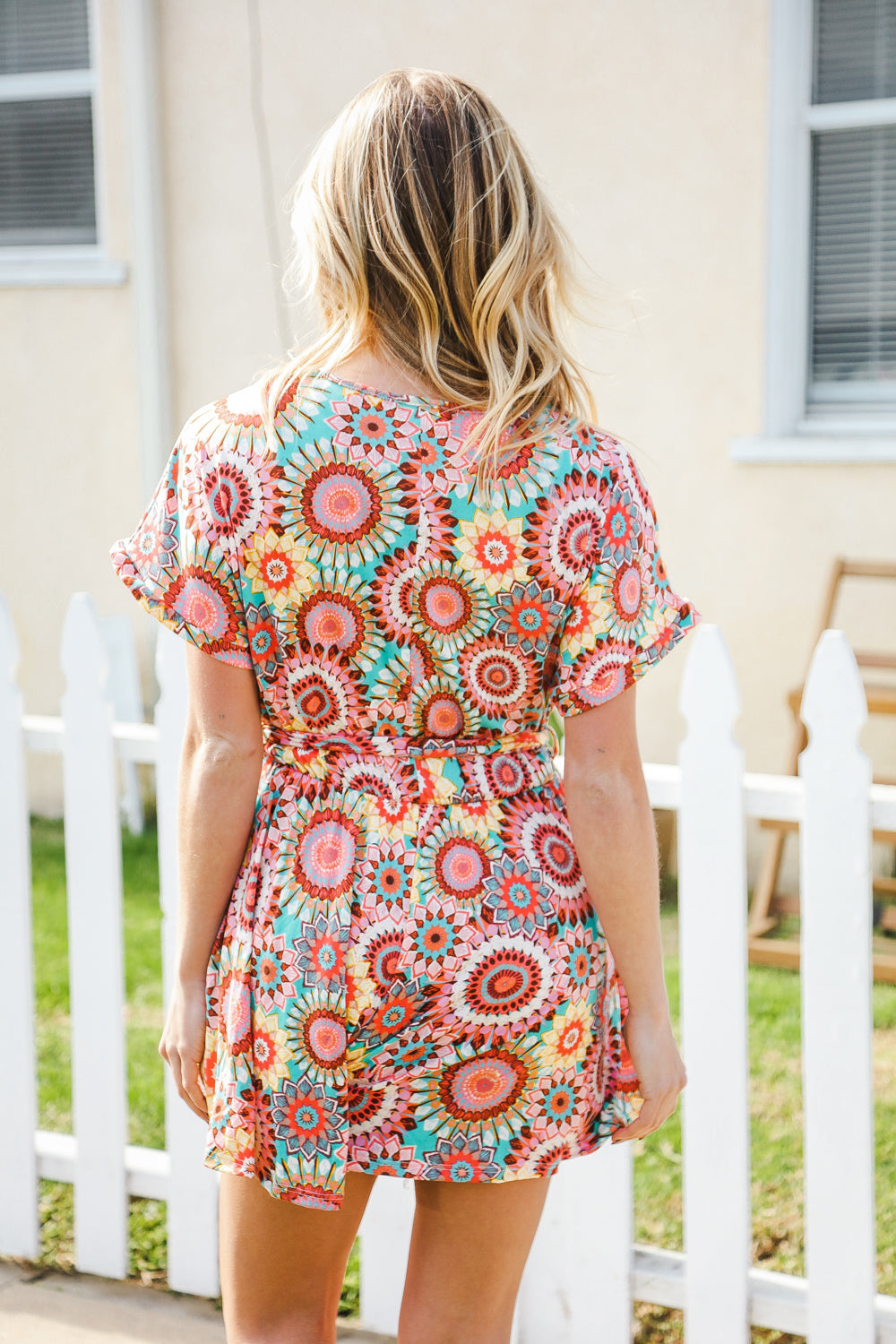 Feeling Bold Multicolor Mandala Print Surplice Tie Waist Romper (Open Pack)