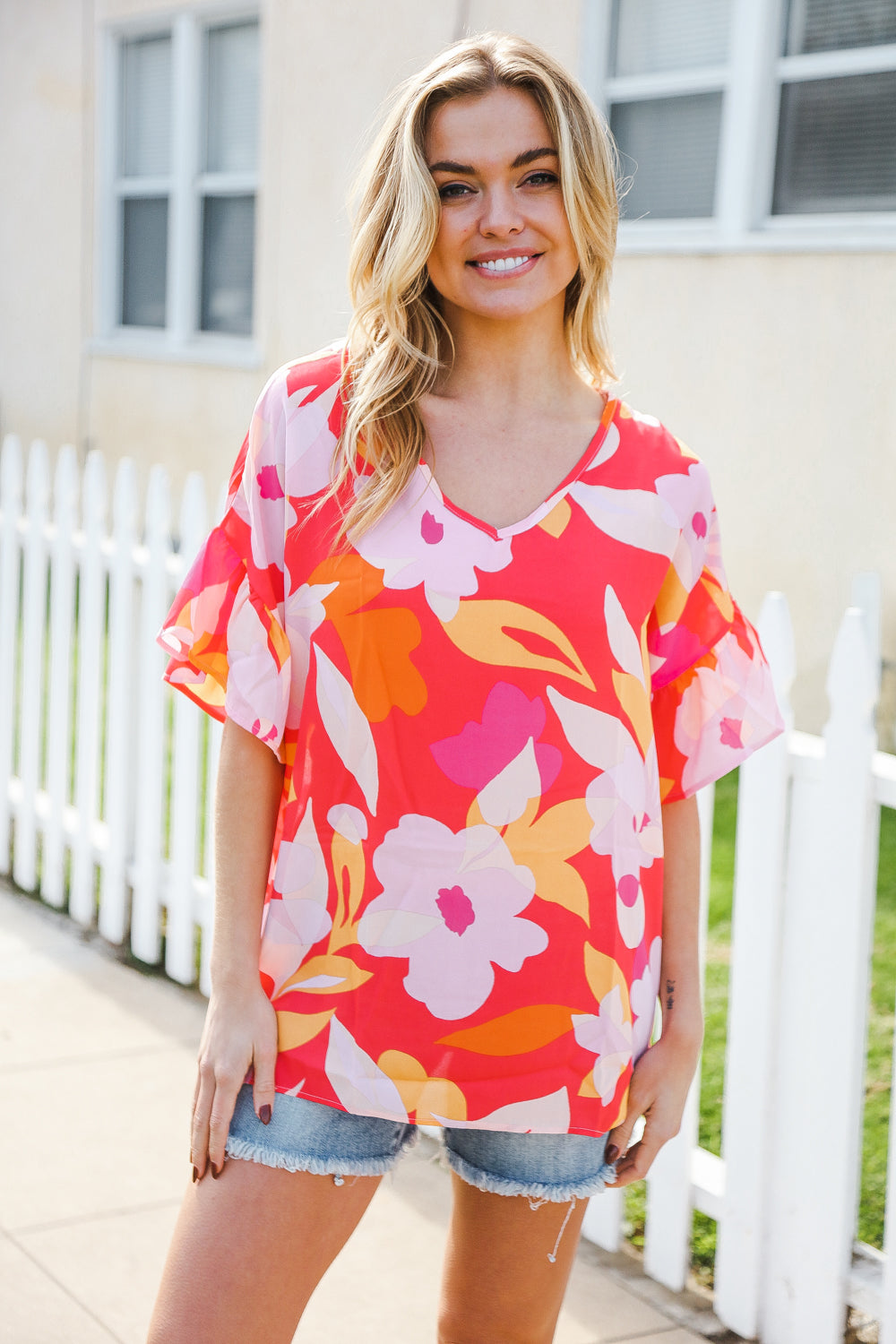 Tropical Vibes Peach Floral Dolman Ruffle Frill Sleeve Blouse (Open Pack)