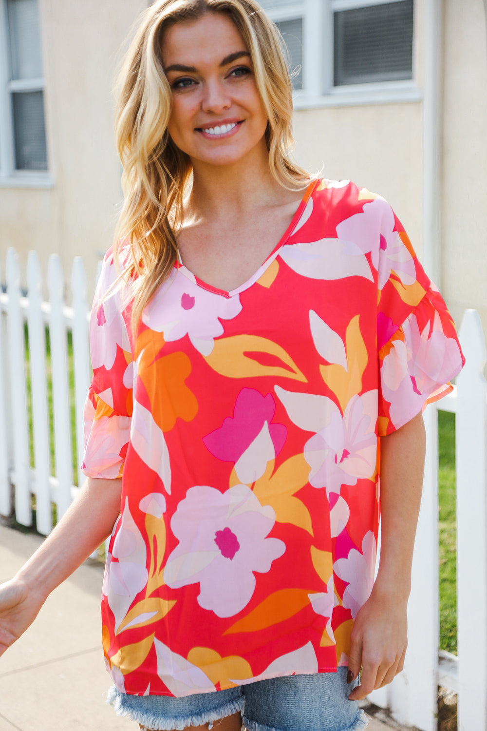 Tropical Vibes Peach Floral Dolman Ruffle Frill Sleeve Blouse (Open Pack)