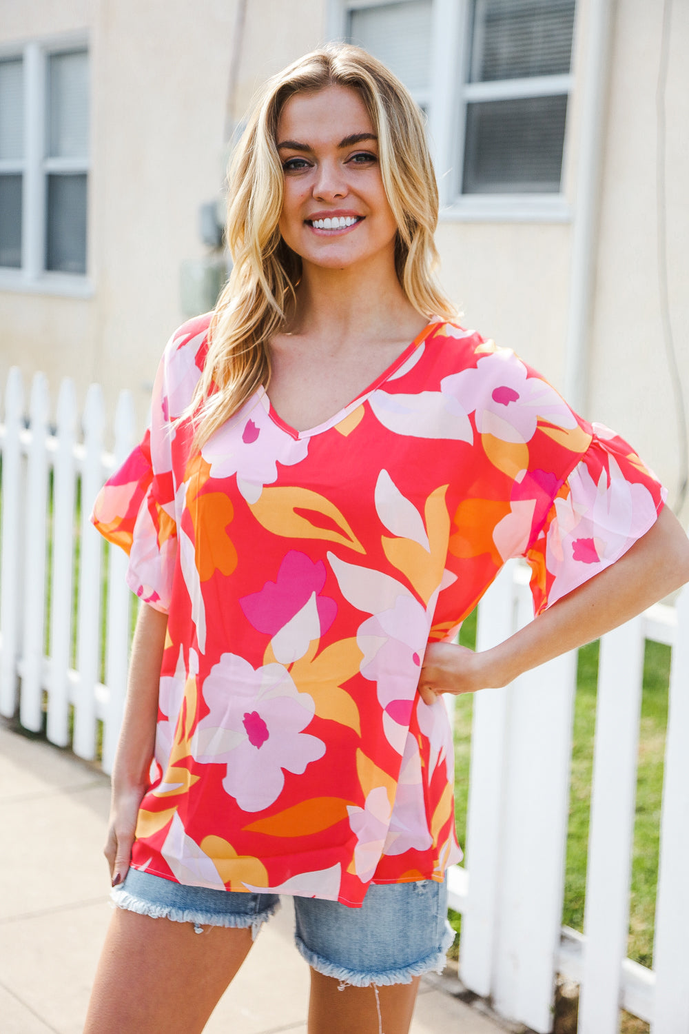 Tropical Vibes Peach Floral Dolman Ruffle Frill Sleeve Blouse (Open Pack)