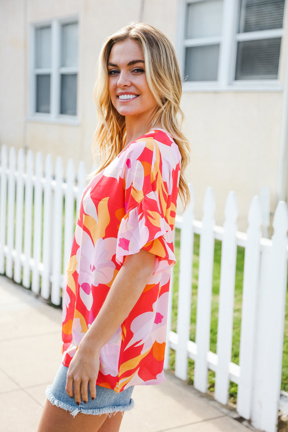 Tropical Vibes Peach Floral Dolman Ruffle Frill Sleeve Blouse (Open Pack)