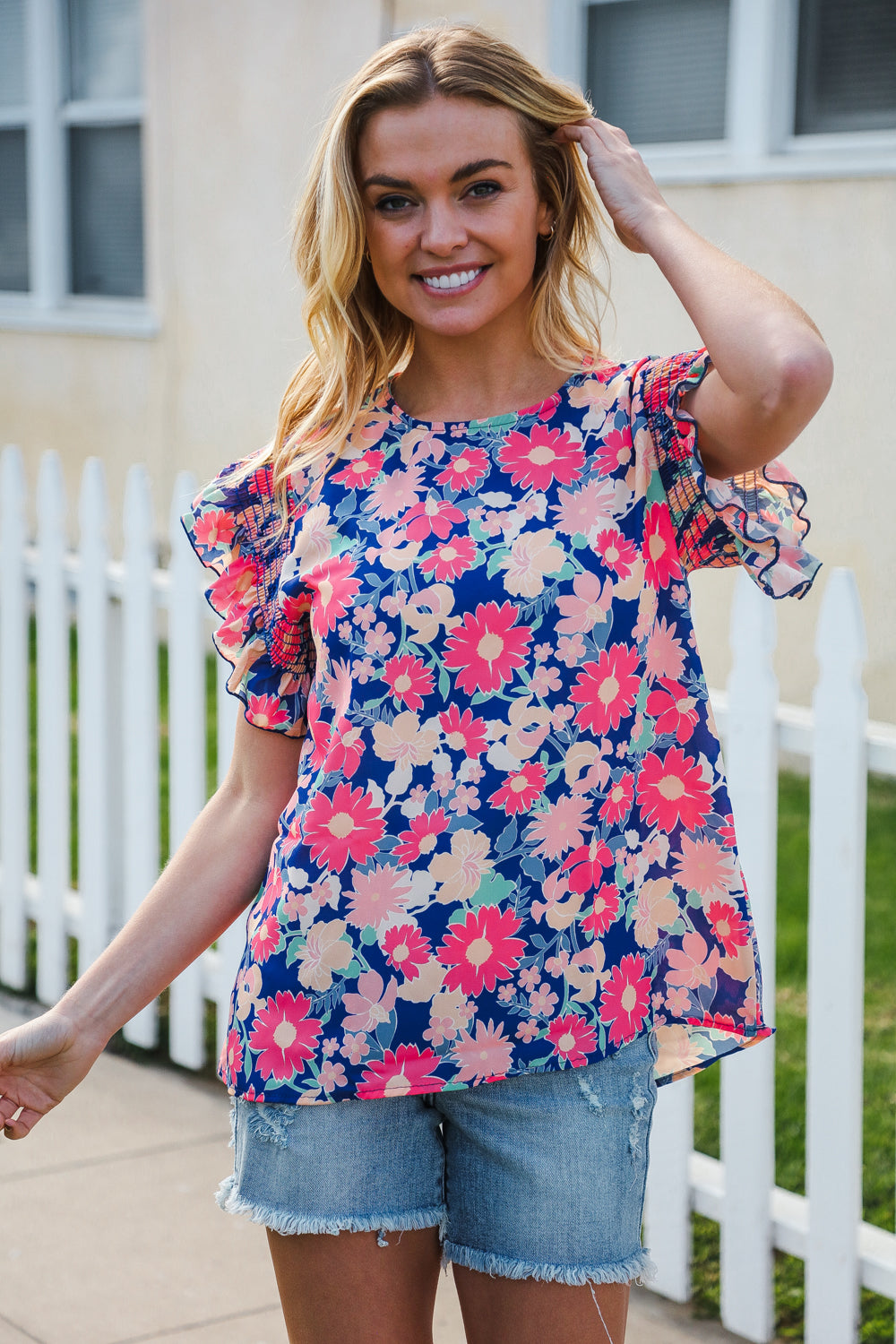 Vacay Ready Blue & Fuchsia Floral Smocked Ruffle Sleeve Top (Open Pack)