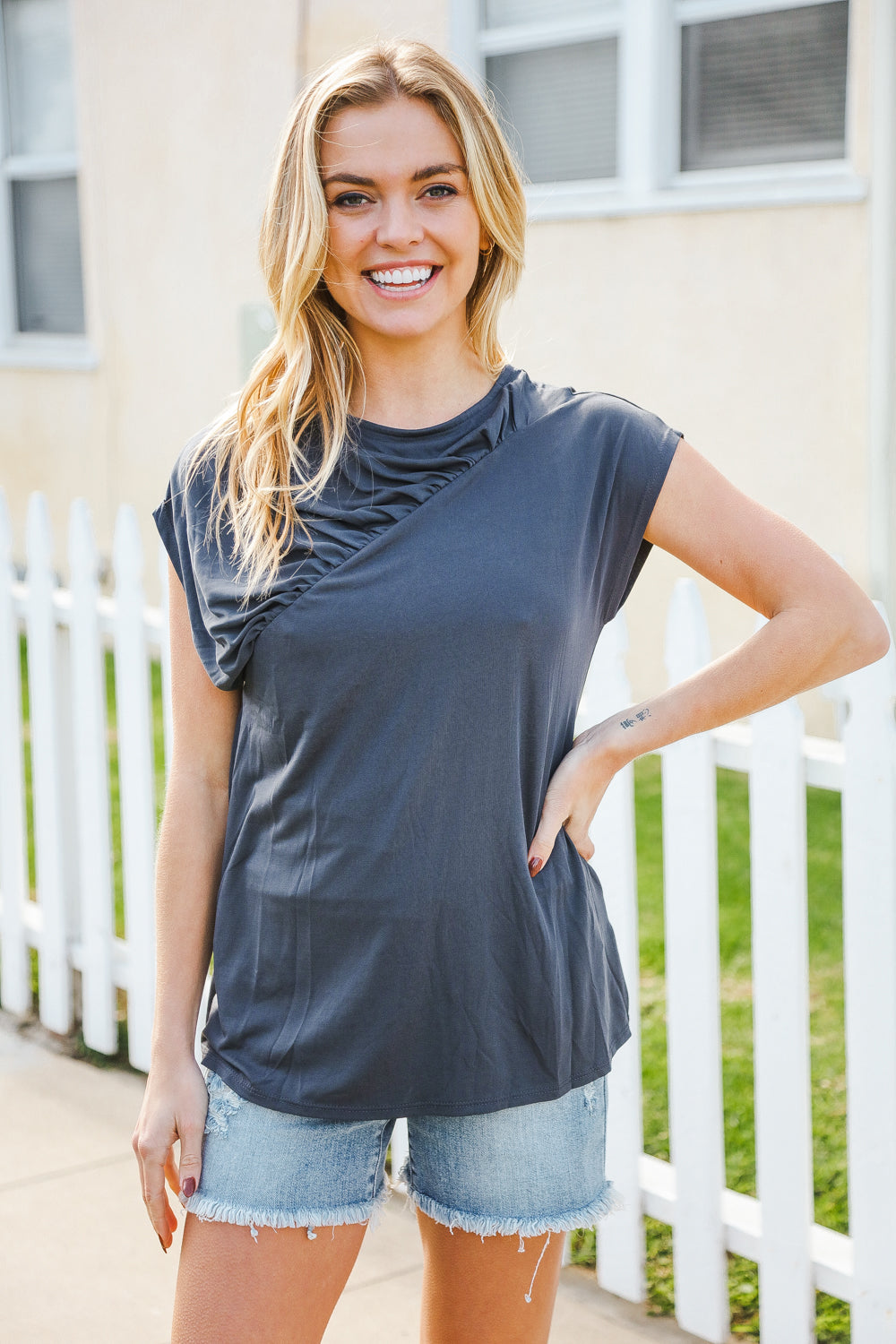 Charming In Charcoal Asymmetrical Shirred Modal Top (Open Pack)