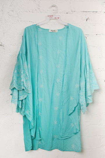 Aqua Embroidered Woven Kimono