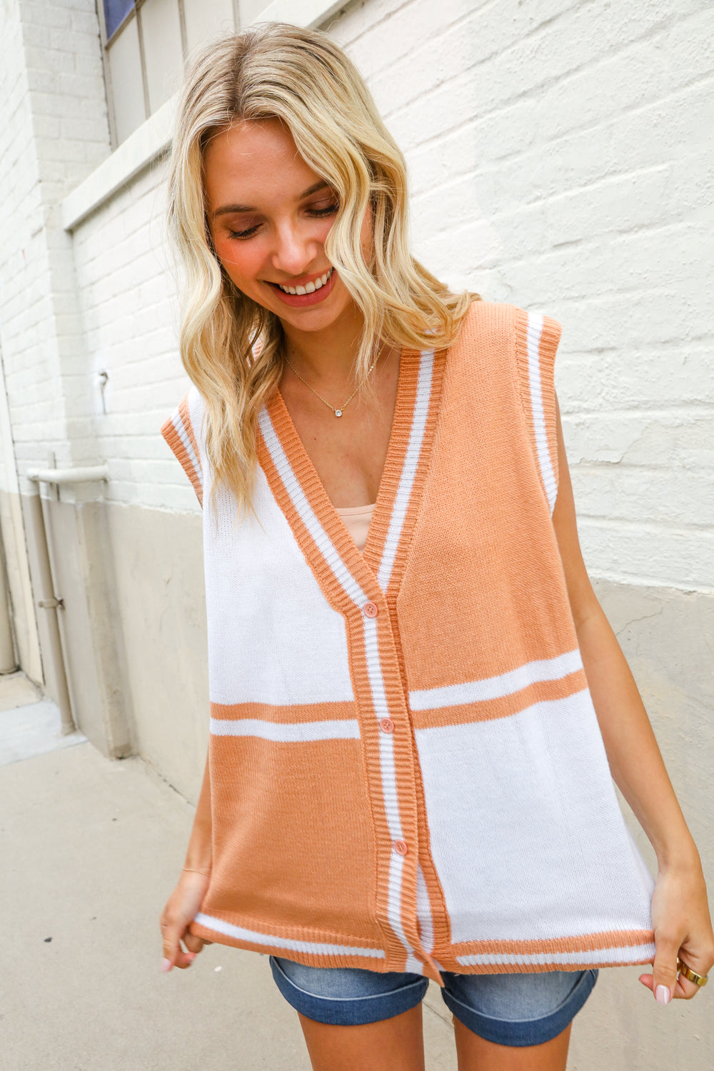 Put Together Orange V Neck Button Down Color Block Sweater Vest (Open Pack)