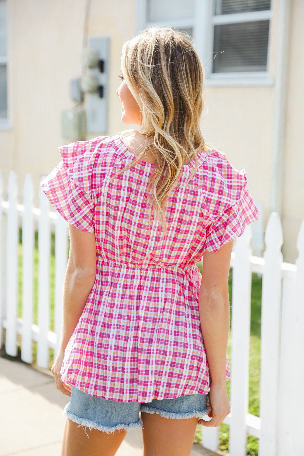 Hello Beautiful Fuchsia Plaid V Neck Ruffle Elastic Babydoll Top (Open Pack)