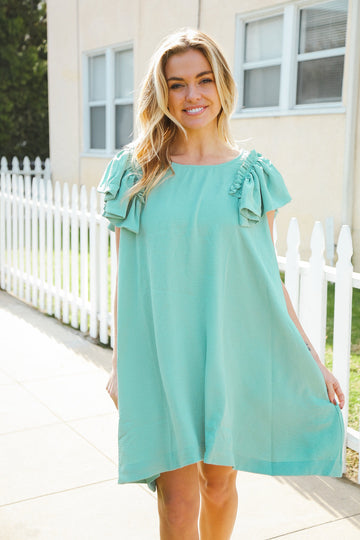 Out For The Day Sage Crinkle Woven Ruffle Sleeve Dress (Open Pack)