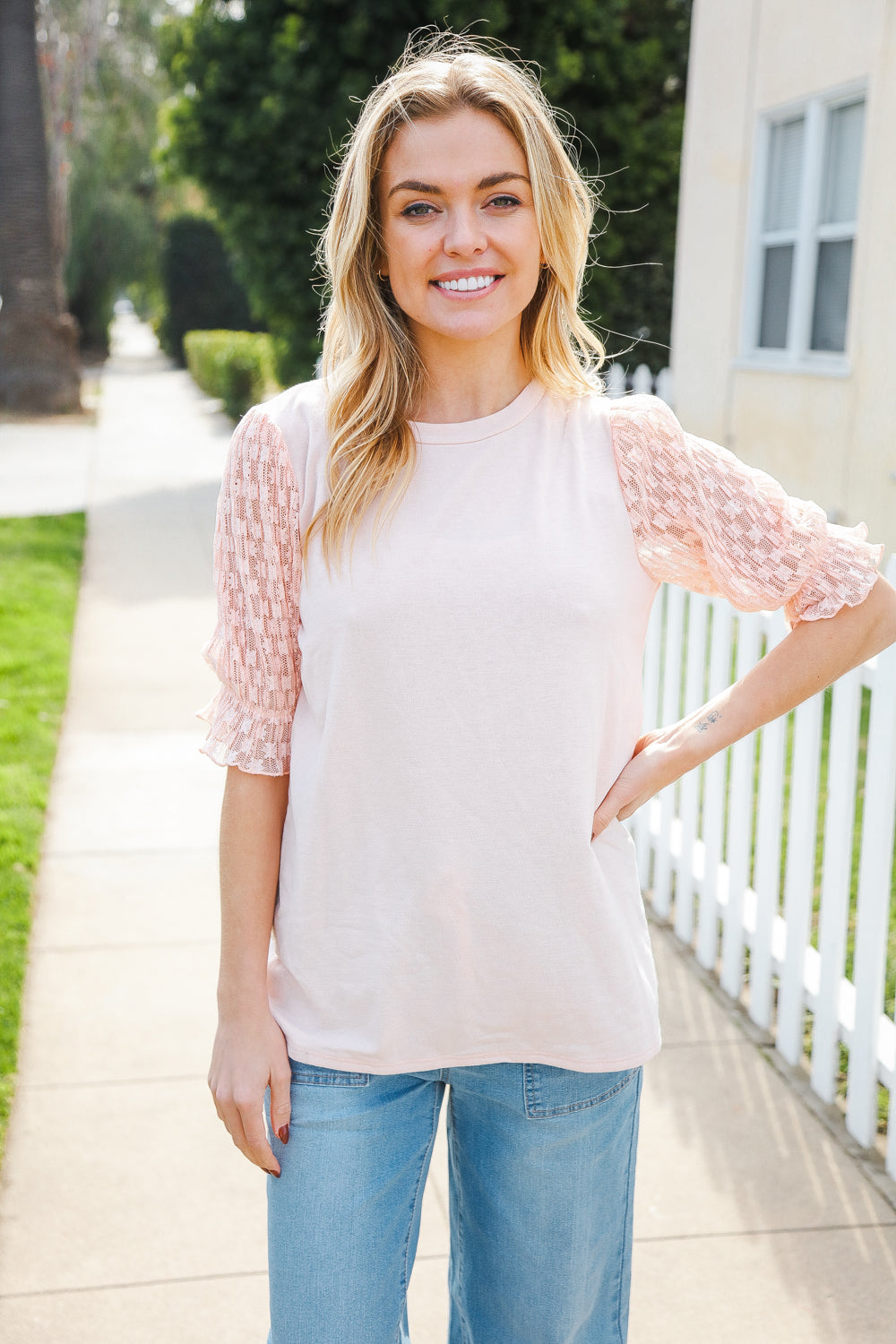Adorable You Peach French Terry Lace Sleeve Top (Open Pack)