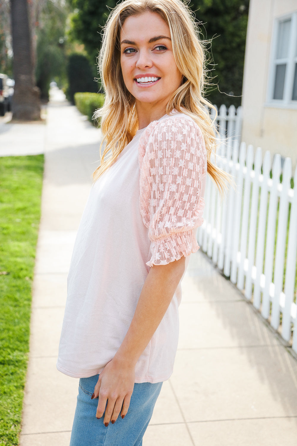 Adorable You Peach French Terry Lace Sleeve Top (Open Pack)