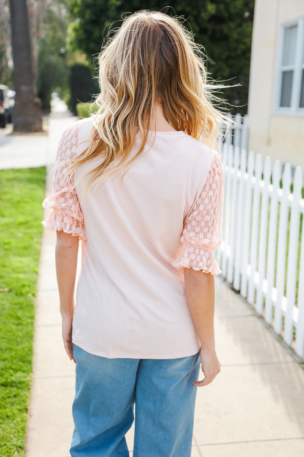 Adorable You Peach French Terry Lace Sleeve Top (Open Pack)