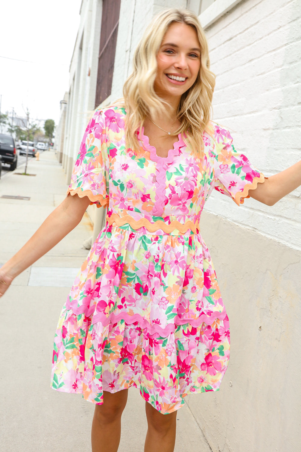 Beautiful You Rose Floral Print Ric Rack Trim Babydoll Dress (Open Pack)