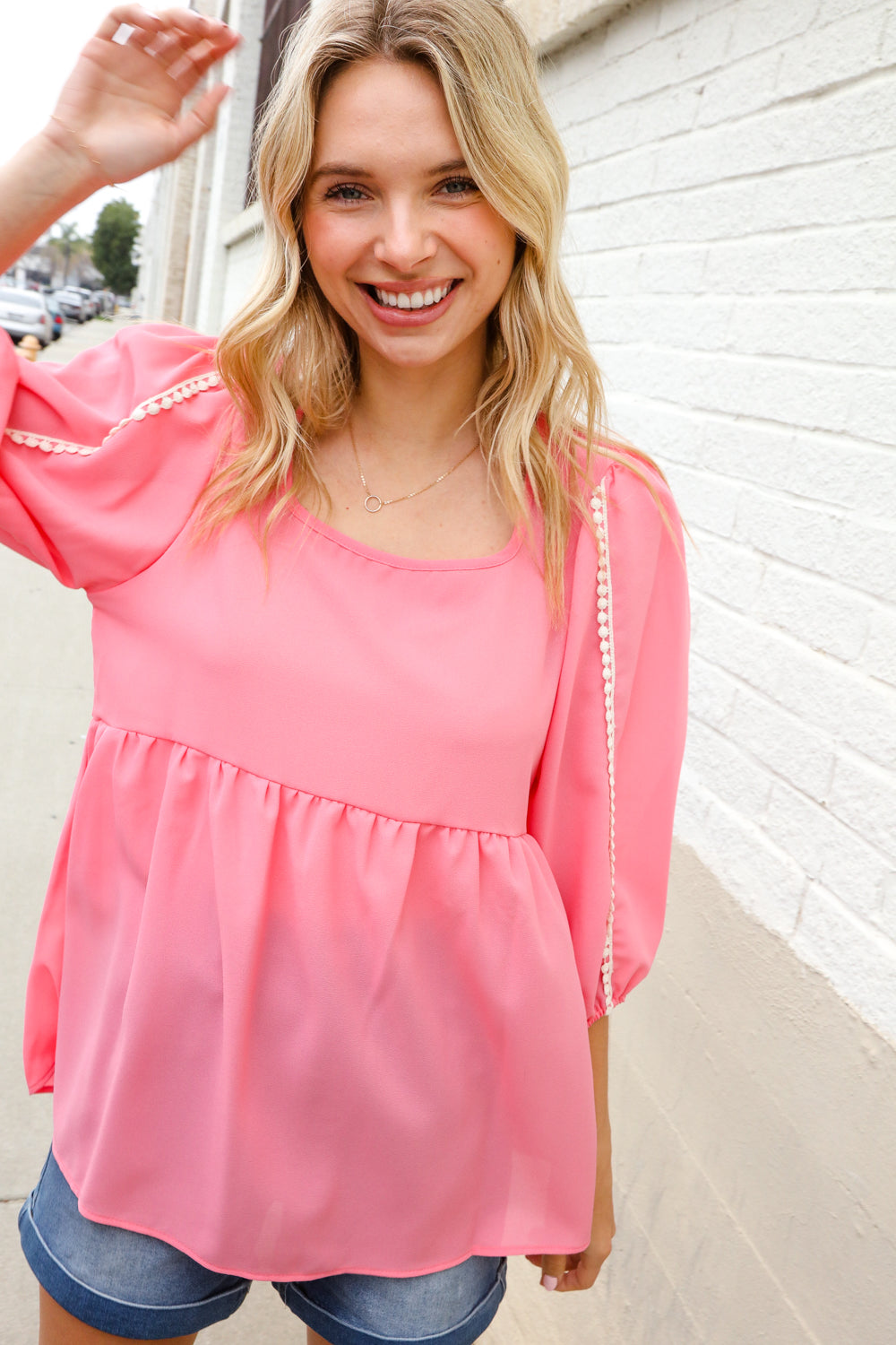 Babydoll Peplum Bubble Sleeve Pom Pom Top