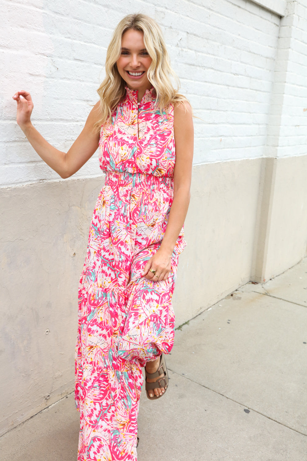 Sunny Days Abstract Print Smocked High Neck Sleeveless Maxi (Open Pack)