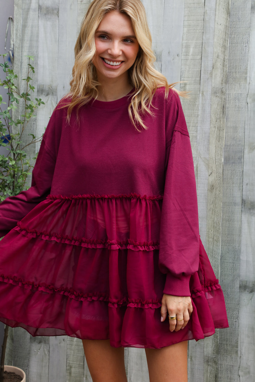 Plus Dark Magenta Woven Tiered Design Sweater