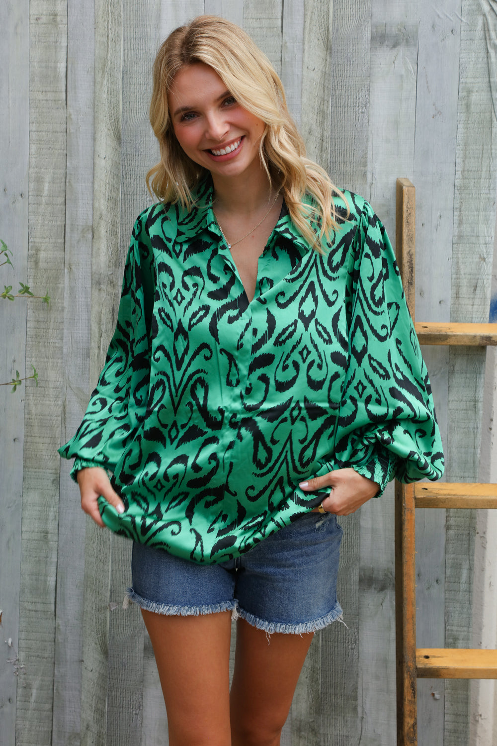 Green Damasque Design Woven Top