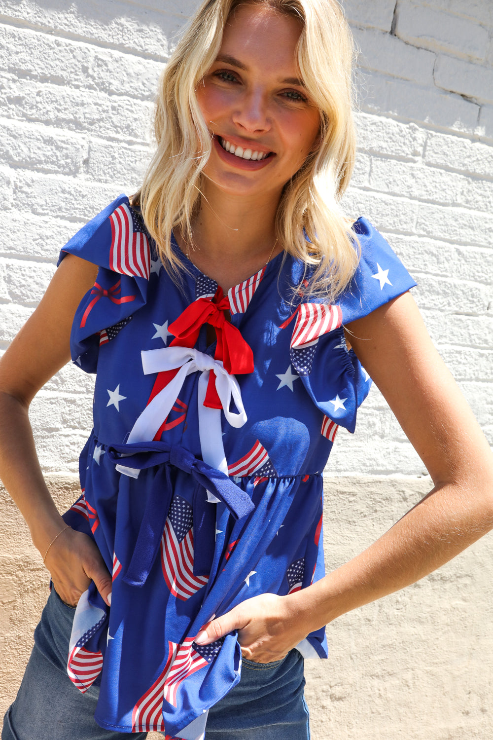 American Flag Blue & Red Stars & Bow Print Woven Top (Open Pack)